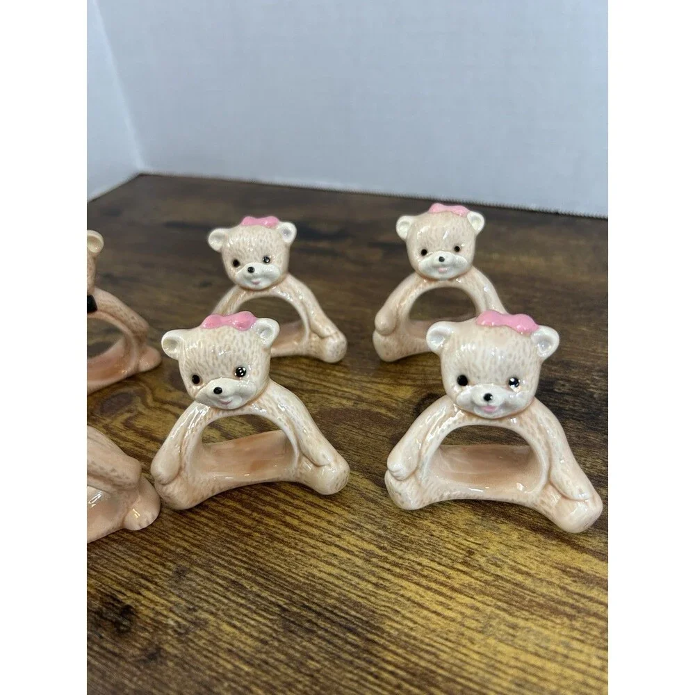Vintage Taiwan Teddy Bear Ceramic Napkin Ring Holders Set of 8 Brown Boy Girl